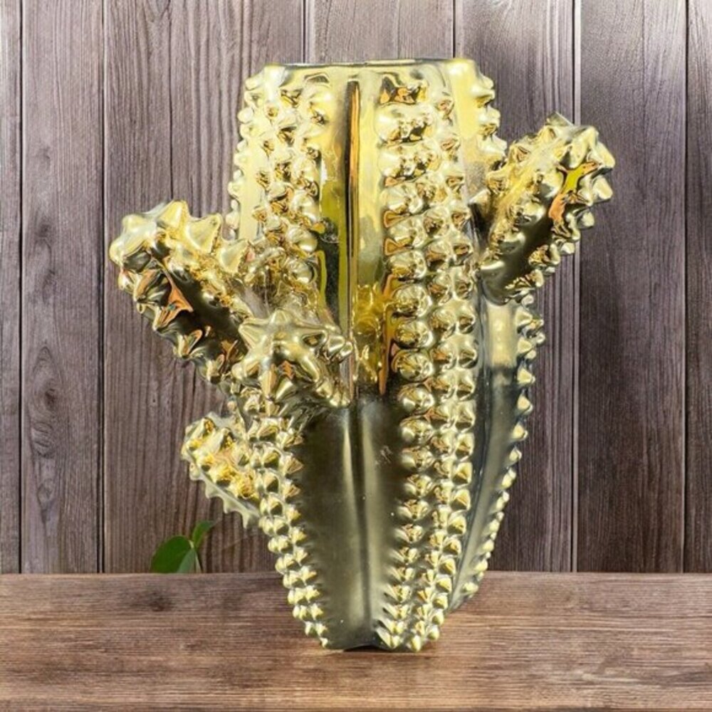 LA‎ CASA BELLA Cactus Vase Ceramic Metallic Gold Vessel Vase Heavy Houseware VTG